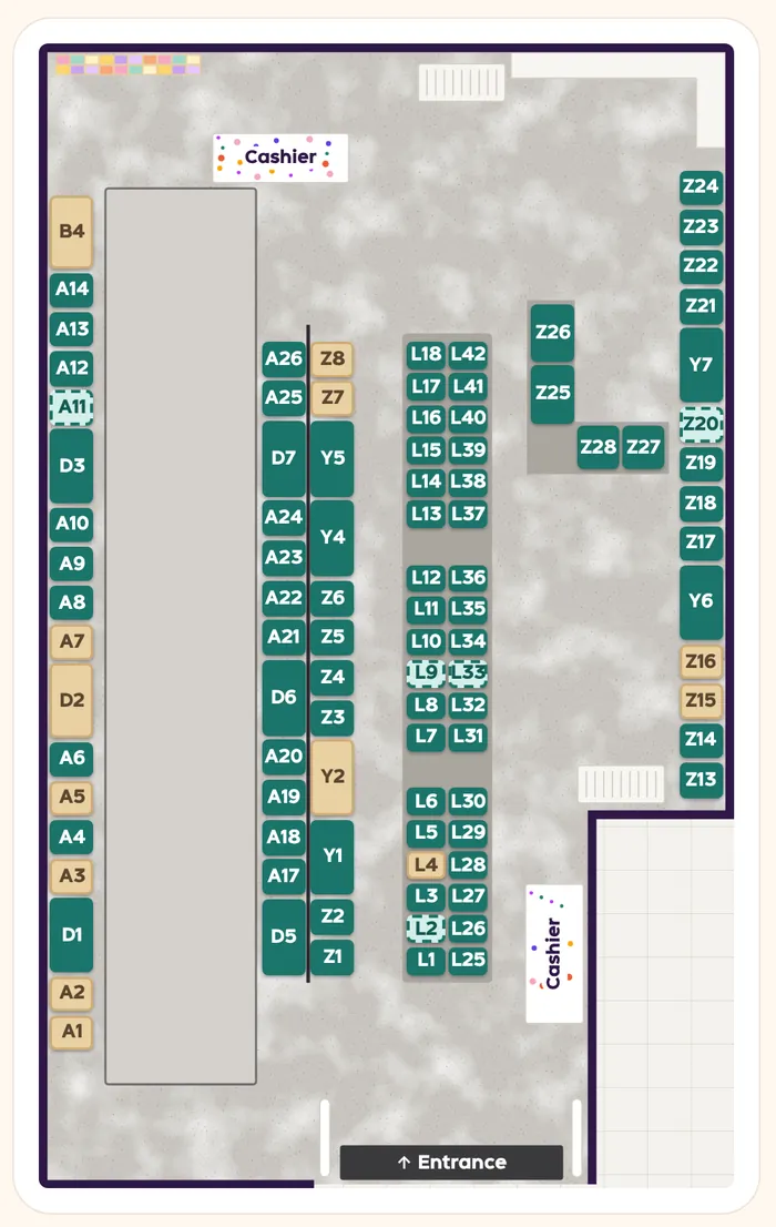 The CR8 store map: every shelf drawn where it stands, colored free, partly free or taken.